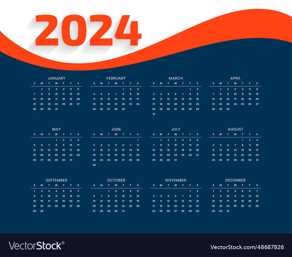 2024 New Year English Calendar Template In Wavy Vector Image