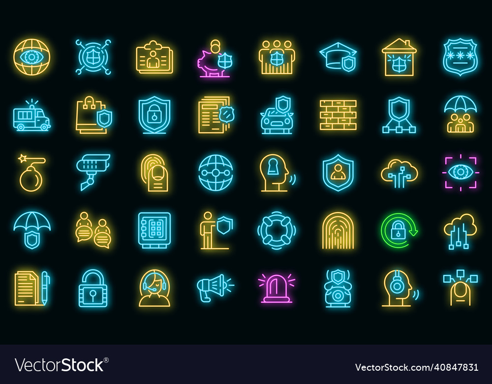 Security service icons set neon