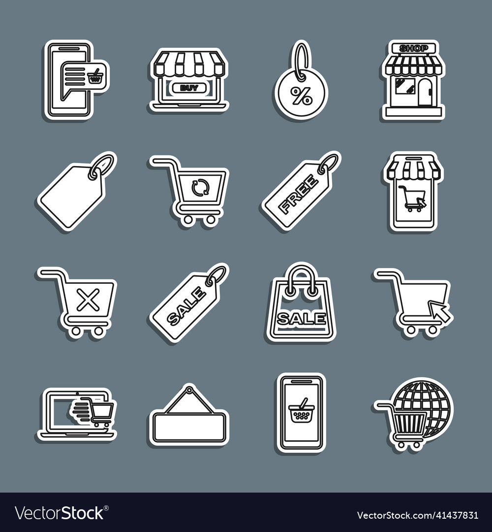 Set line shopping cart with globe cursor mobile
