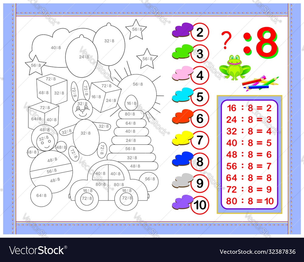 Exercises for kids with division number 8 Vector Image