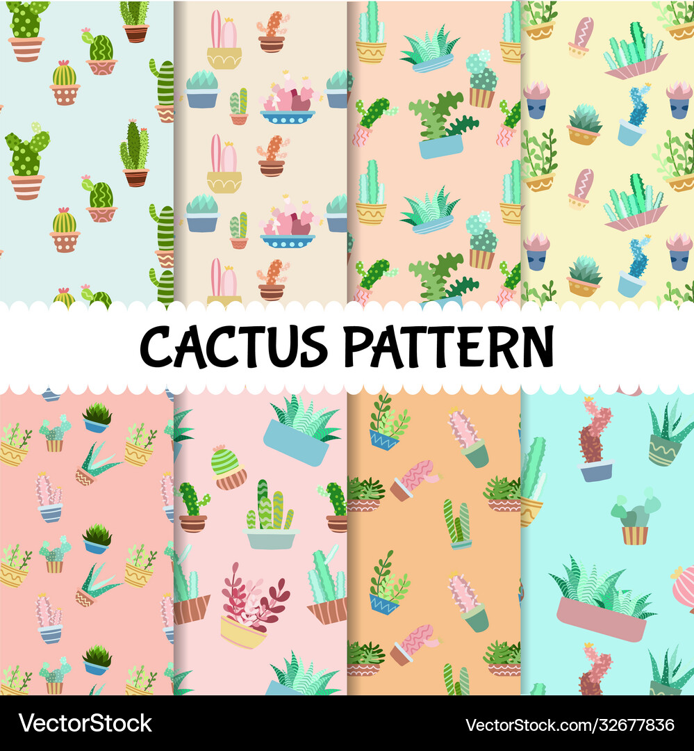 Seamless cactus pattern set background Royalty Free Vector