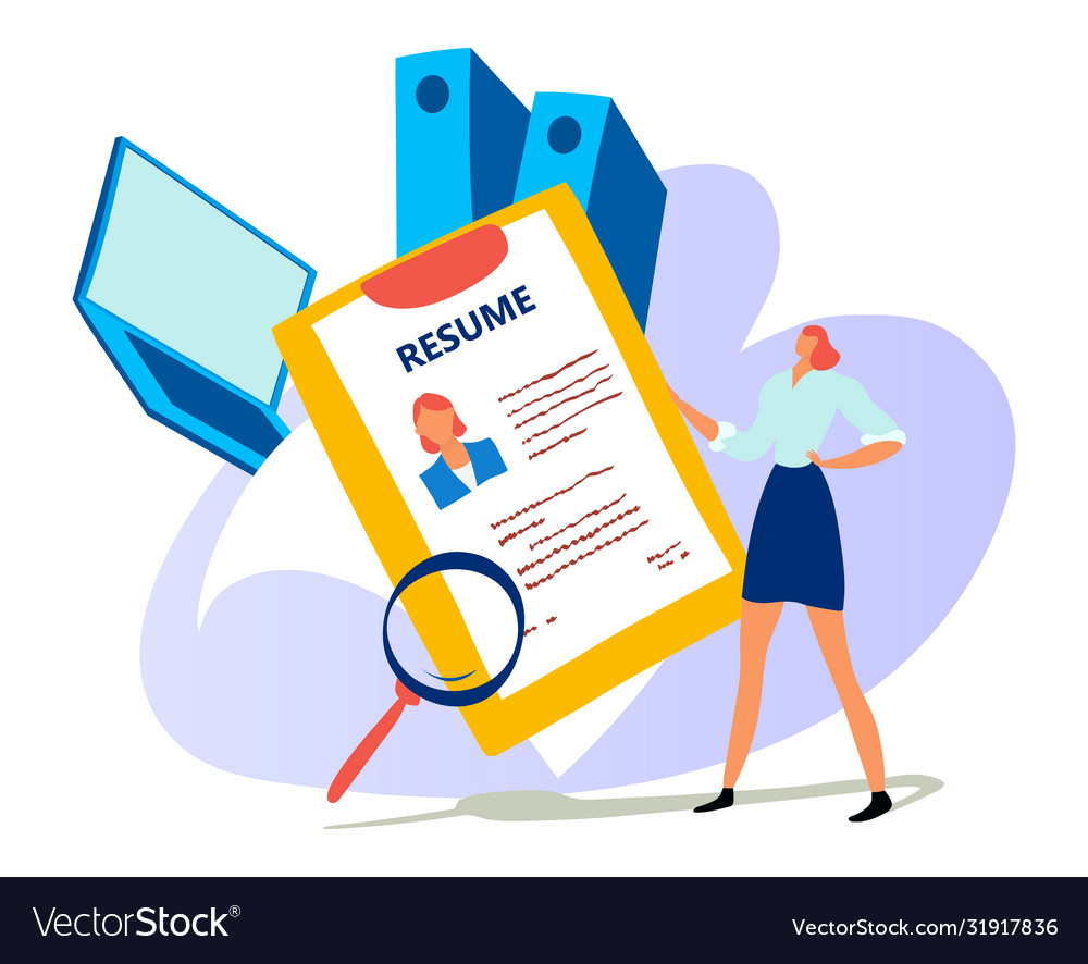 Tiny character female stand online job resume Vector Image