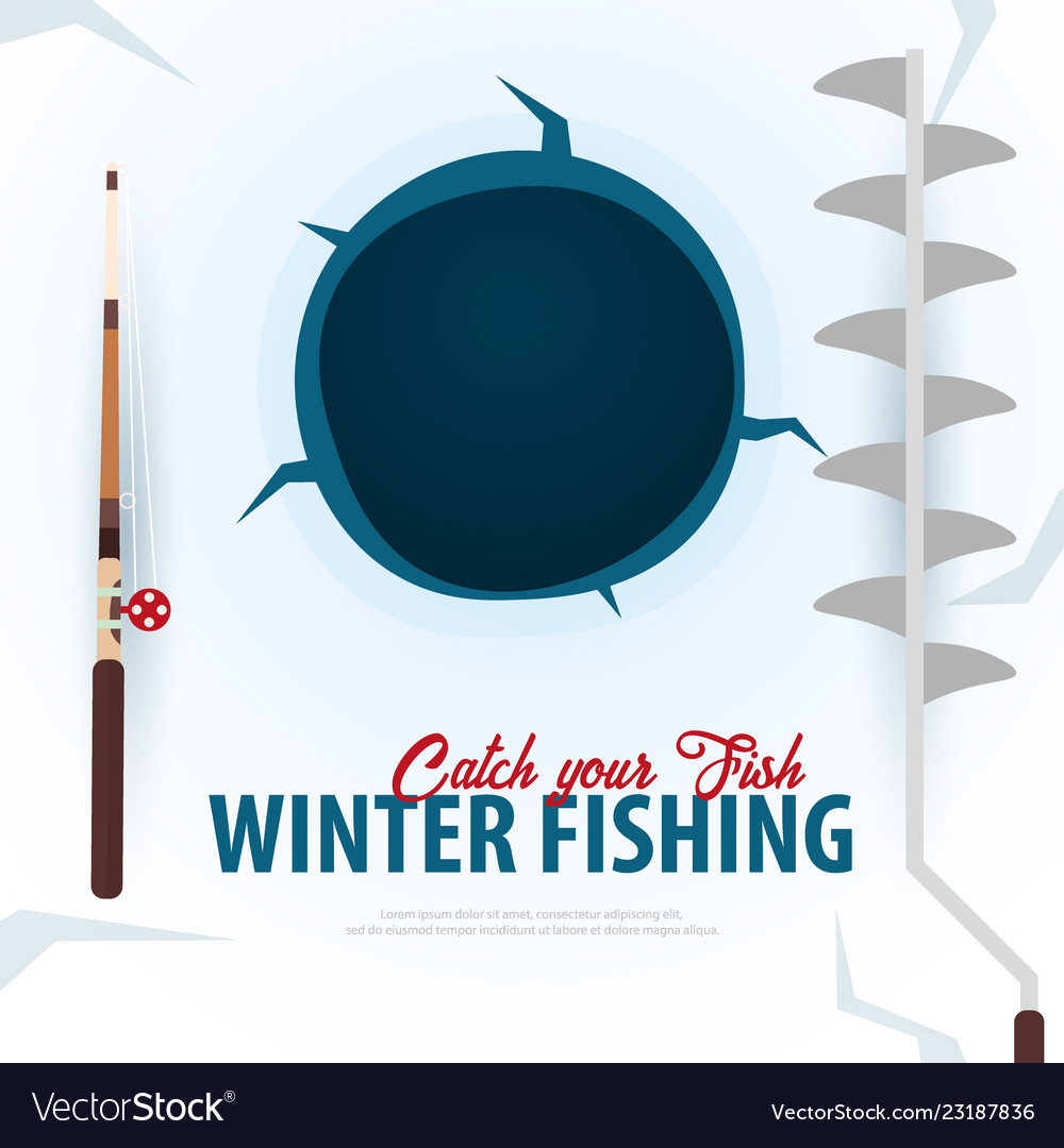 Winter ice fishing on the lake banner with fish