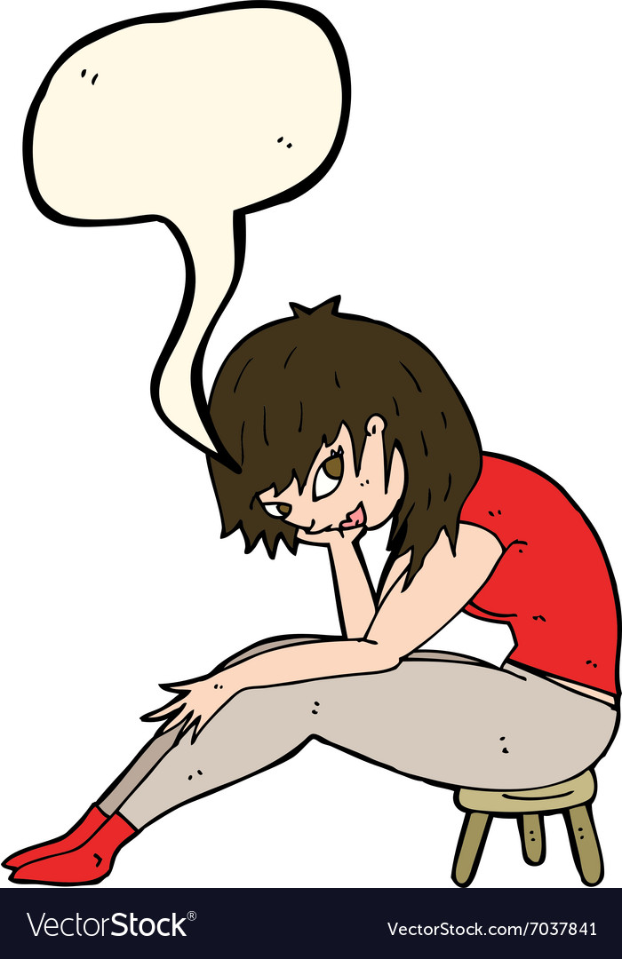 Cartoon woman sitting on small stool with speech