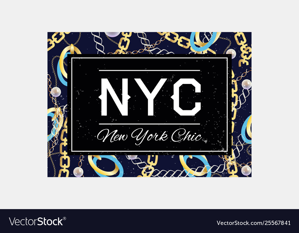Nyc slogan typography on gold chain pattern vector image Nyc slogan typography on gold chain pattern