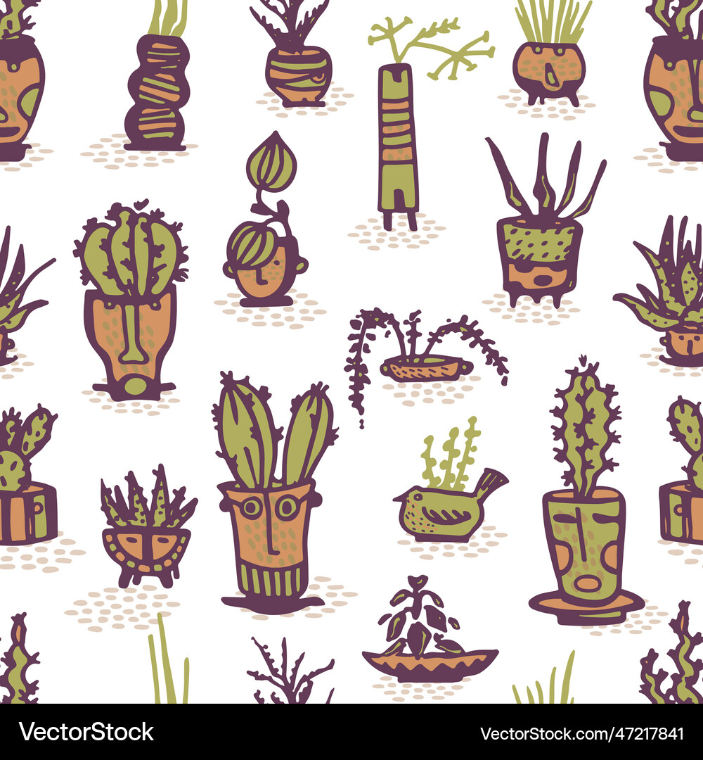 Seamless pattern color ceramic pots with cactus Vector Image
