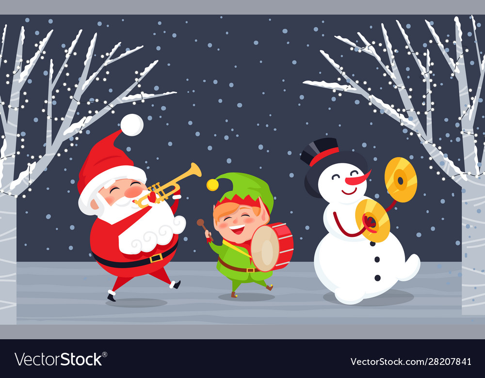 Winter characters santa elf and snowman in wood Vector Image