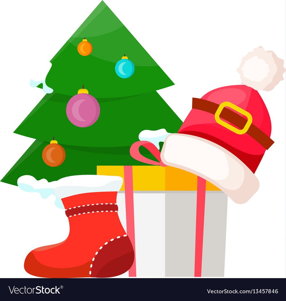 Christmas Tree Near Present Box And Santa Cap Vector Image