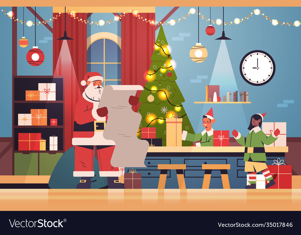 Santa claus with elves putting gifts on machinery Vector Image