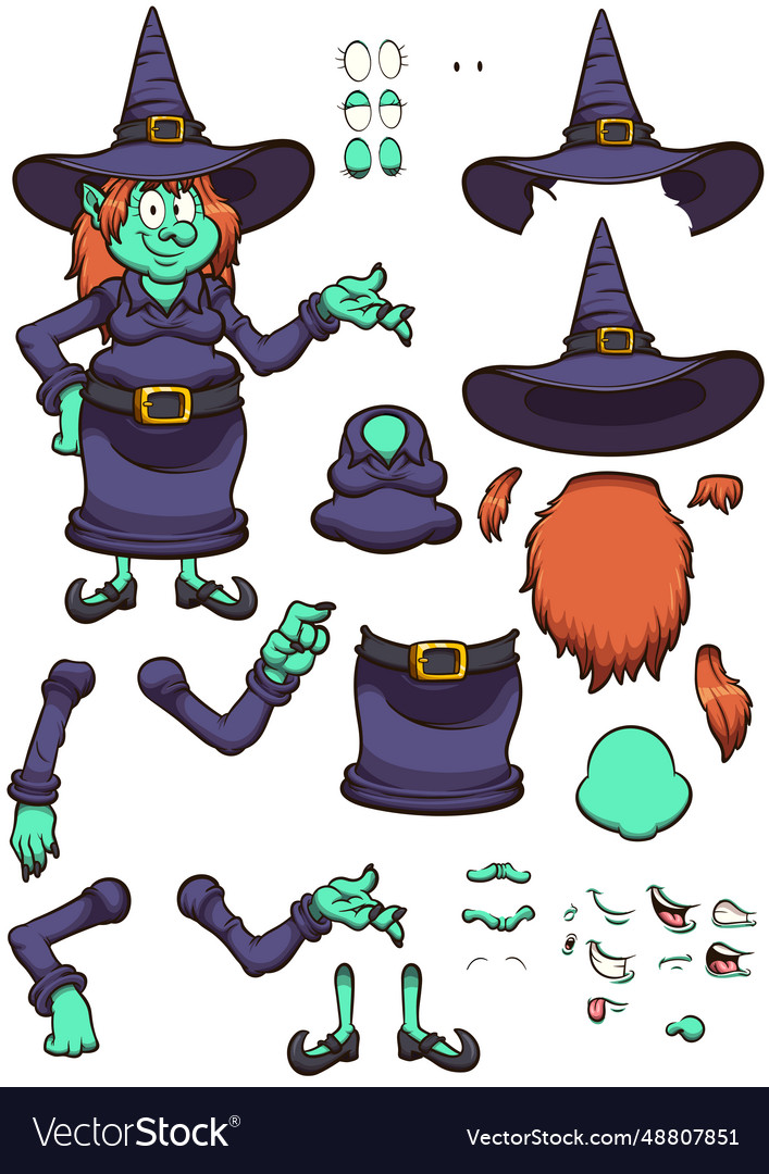 Cartoon witch with different poses and expression