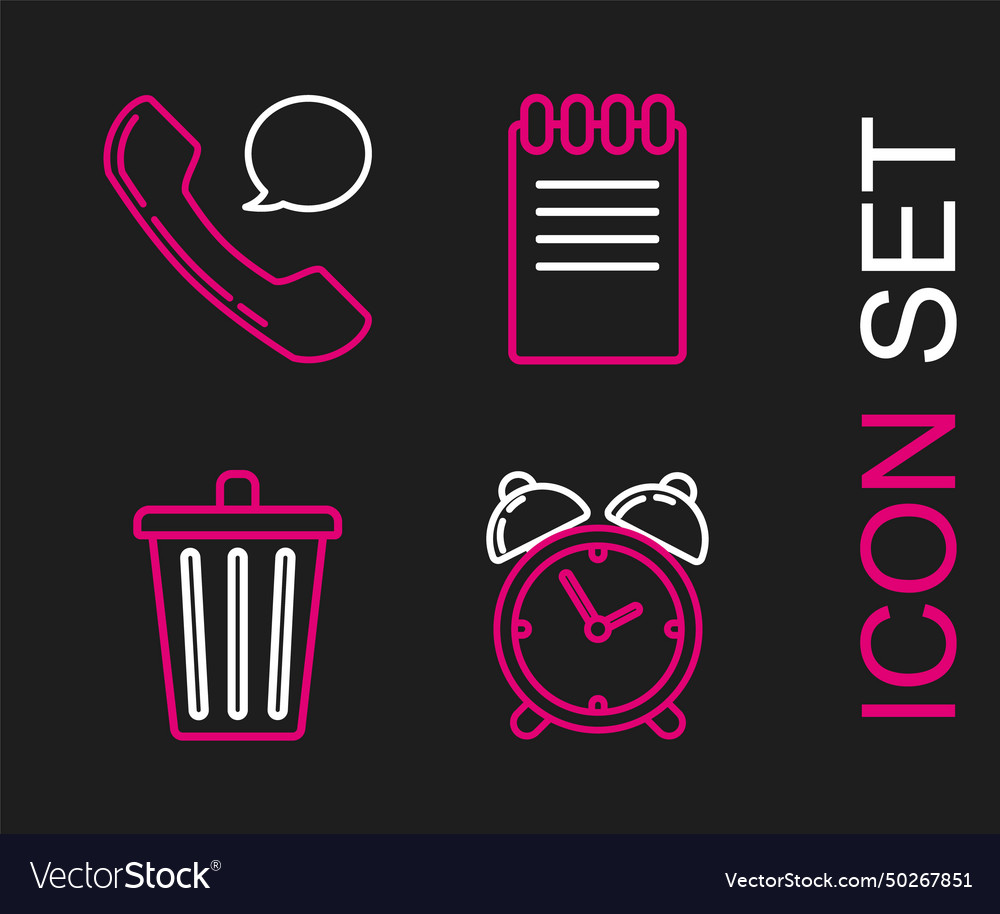 Set line alarm clock trash can notebook vector image Set line alarm clock trash can notebook