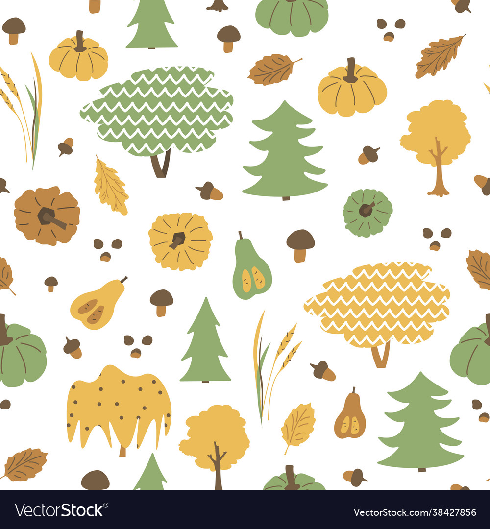 Autumn trees seamless pattern hand drawn