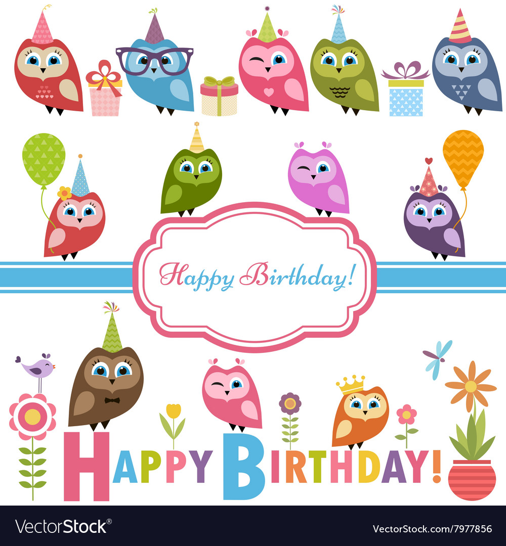 Cute owlets and owls on Birthday party Royalty Free Vector