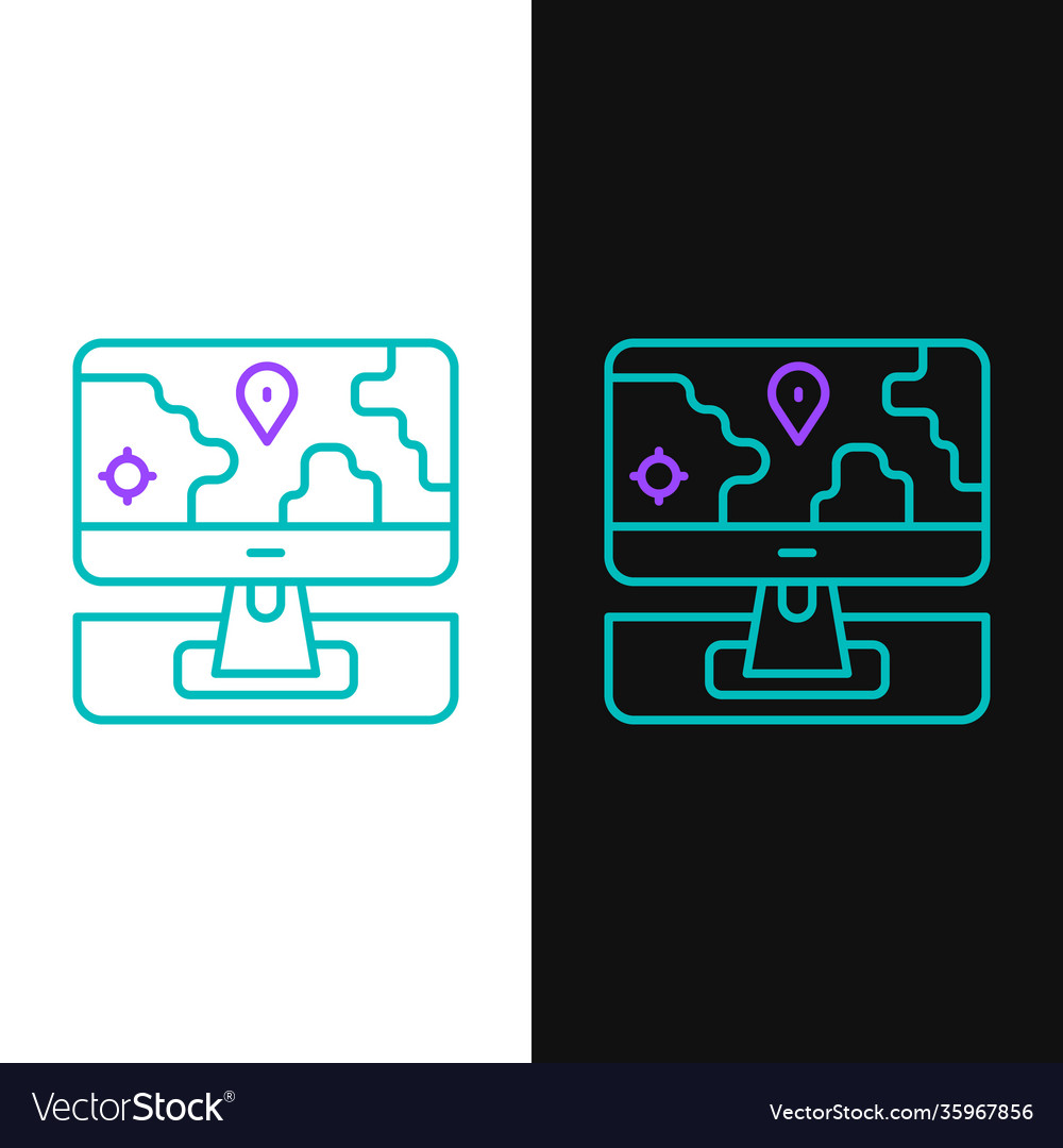 Line computer monitor and folded map with location vector image Line computer monitor and folded map with location
