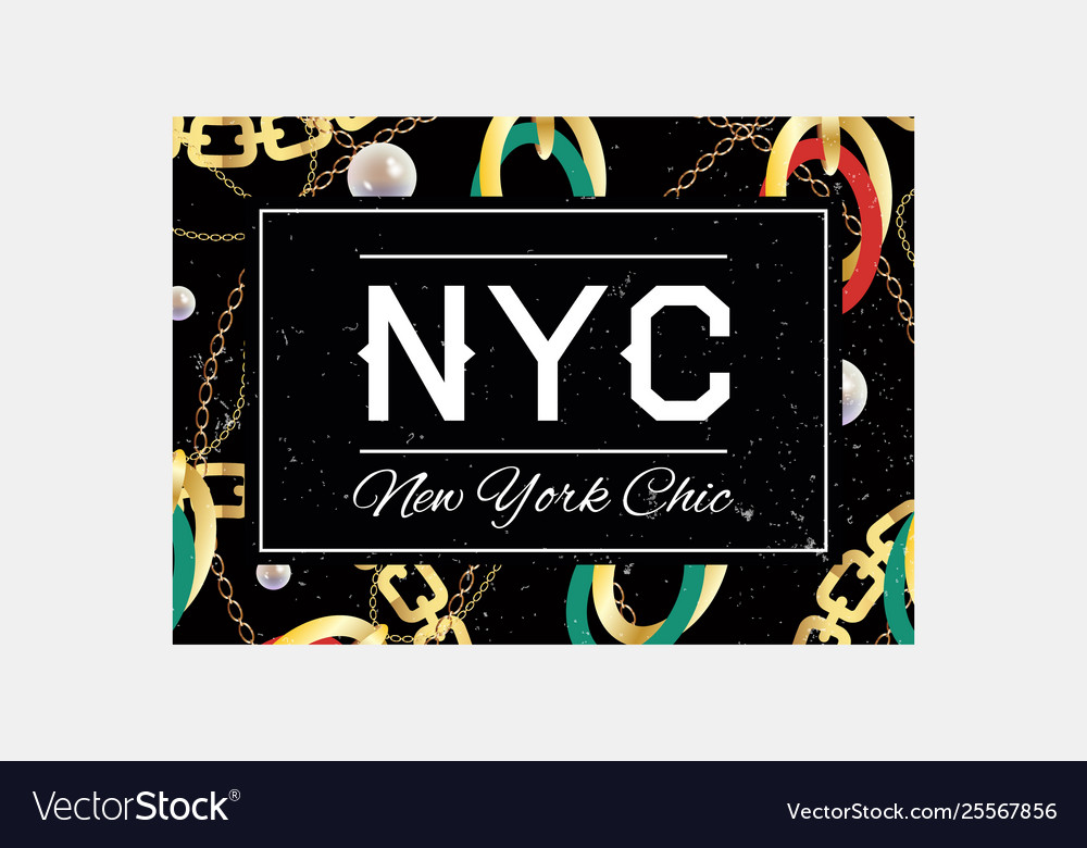 Nyc slogan typography on gold chain pattern vector image Nyc slogan typography on gold chain pattern