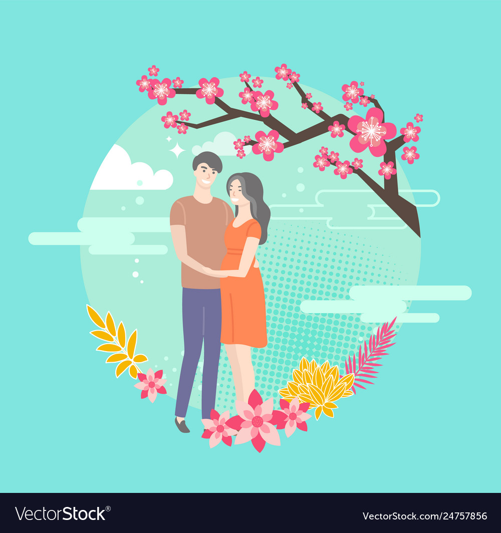 Sakura blossom and hugging young people in love Vector Image