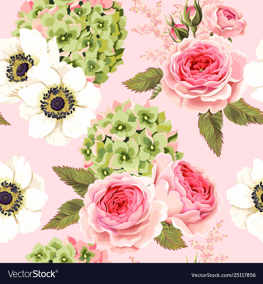 Seamless pattern with roses and hydrangea Vector Image