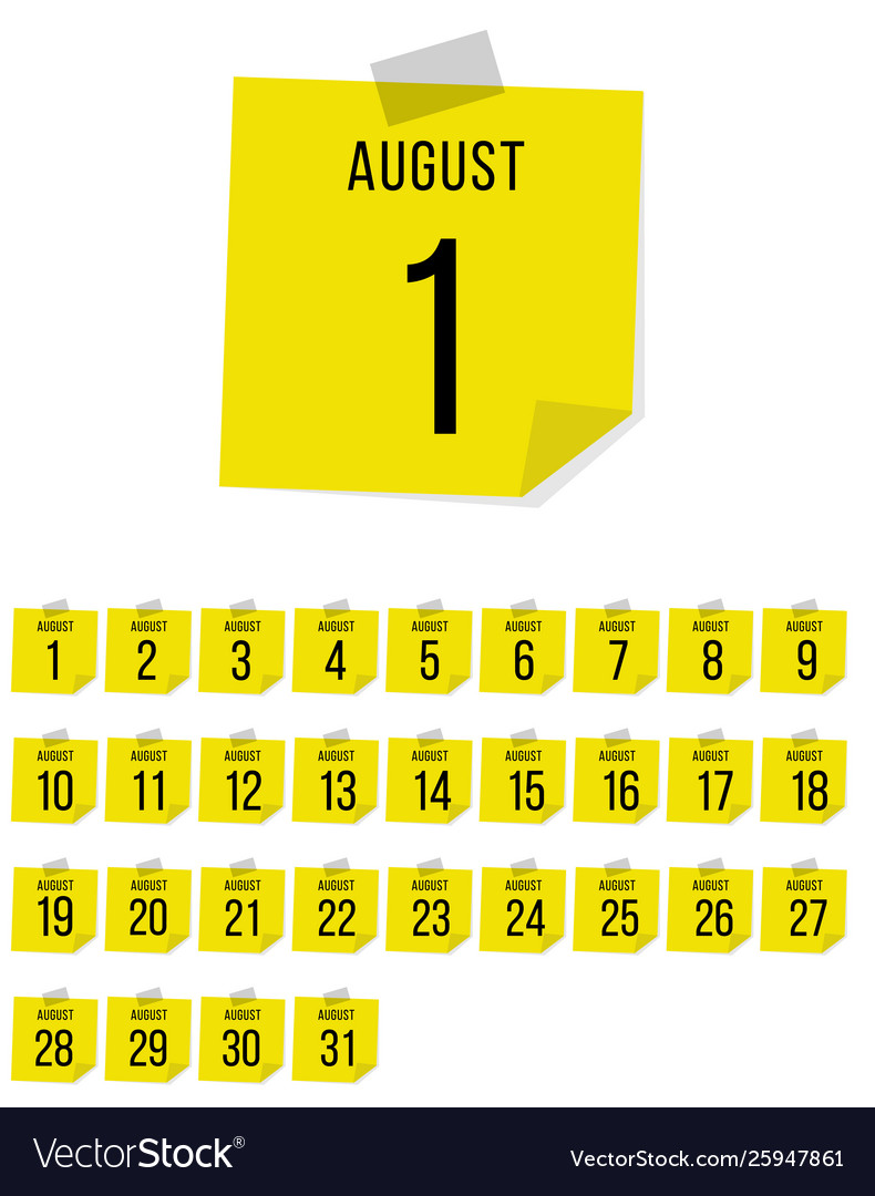 August flat daily calendar set icon day