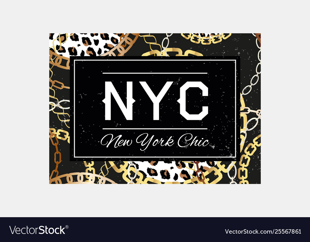 Nyc slogan typography on gold chain pattern vector image Nyc slogan typography on gold chain pattern