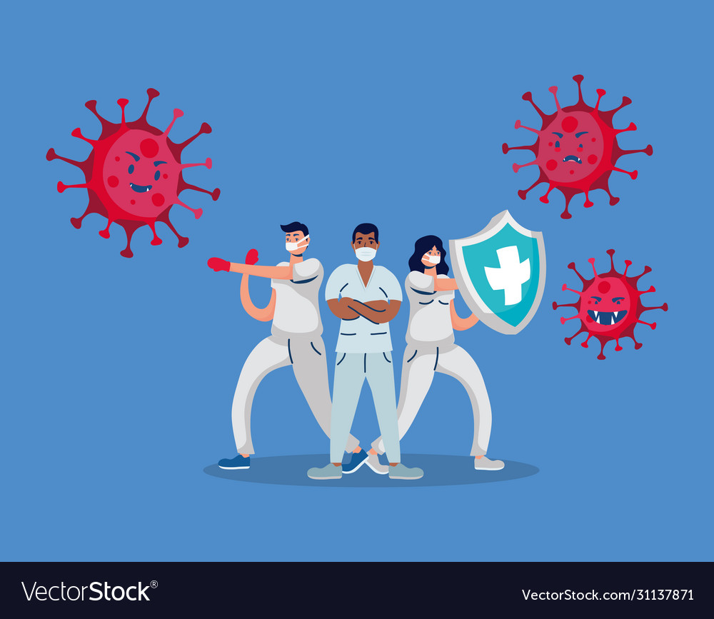 Covid19 pandemic particles with doctors fighting Vector Image