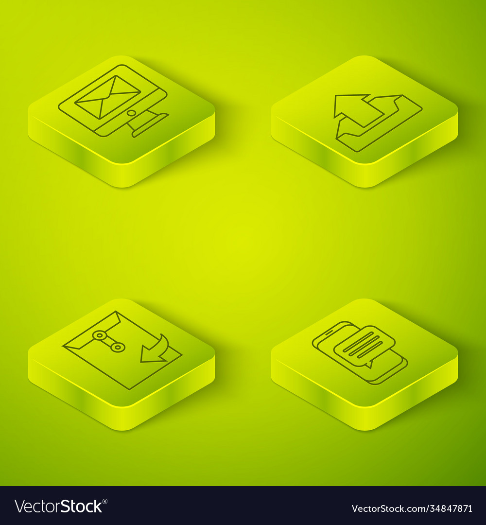 Set isometric upload inbox envelope chat vector image Set isometric upload inbox envelope chat