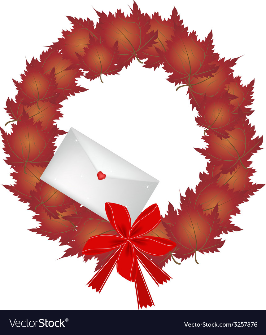 Weihnachtskranz aus roten Ahornblättern und Umschlag