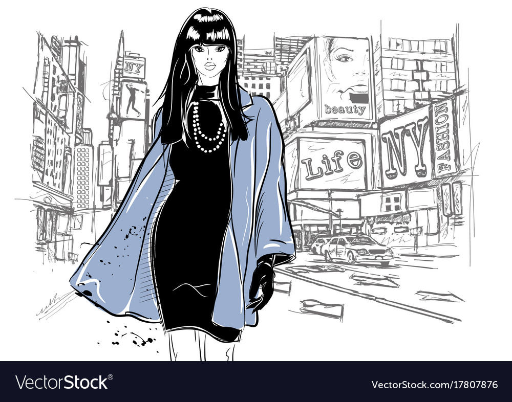 Fashion woman in sketch style with black cat