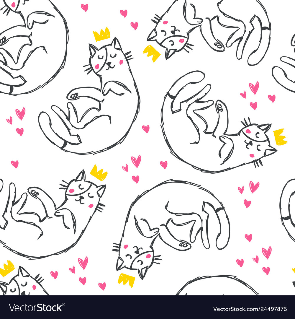 Hand drawn funny cats with hearts in sketch style