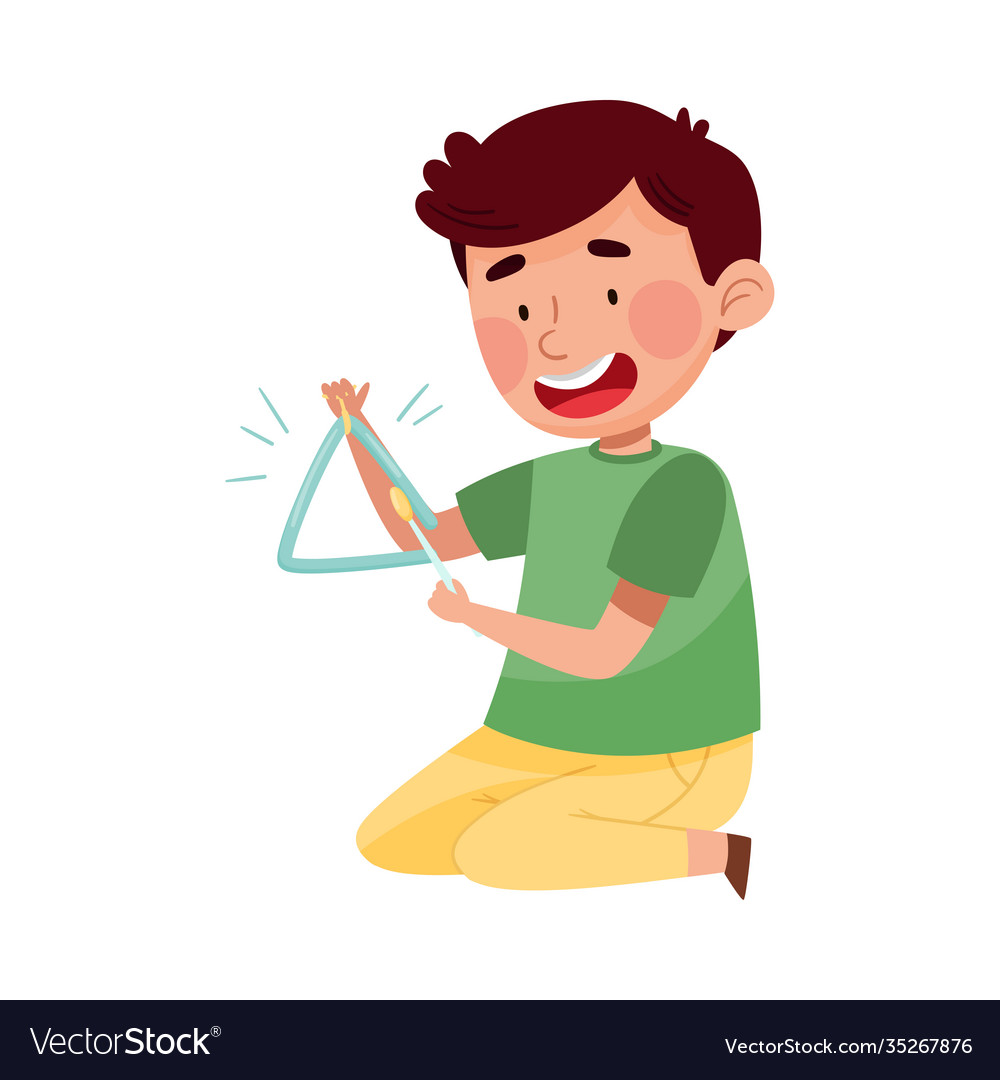 Smiling boy character sitting and playing triangle