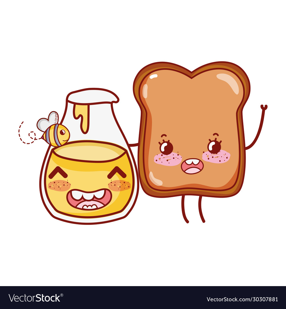 Frühstück süßes Brot und Honigflasche kawaii