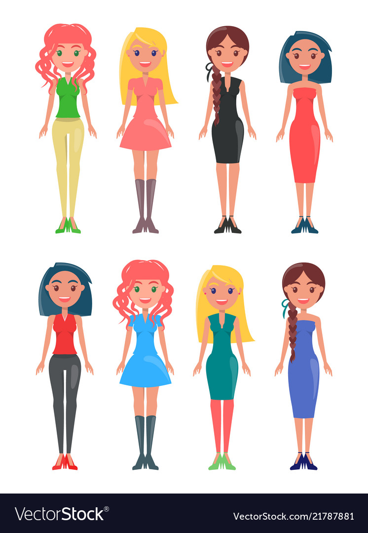 Collection of women in cartoon style isolated