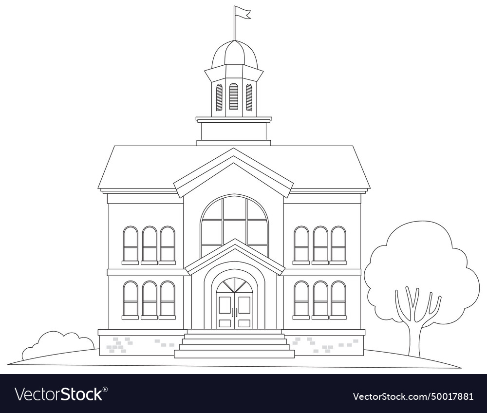 Line art of a traditional schoolhouse with tree Vector Image