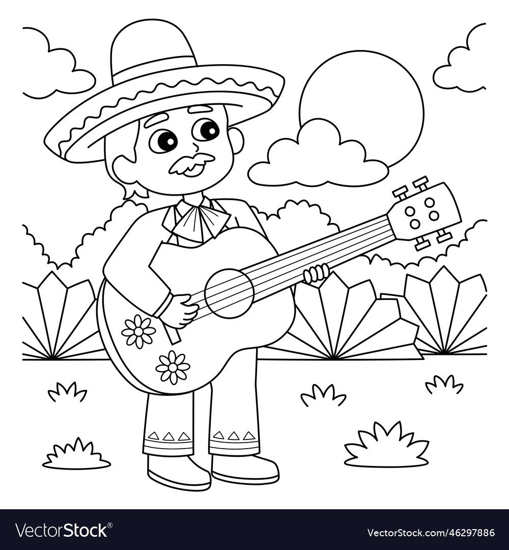 Cinco de mayo mexican boy with guitar coloring Vector Image