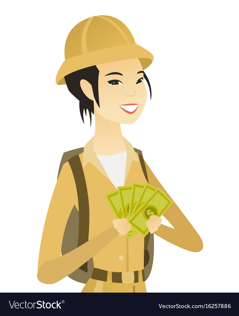 Young asian traveler holding money