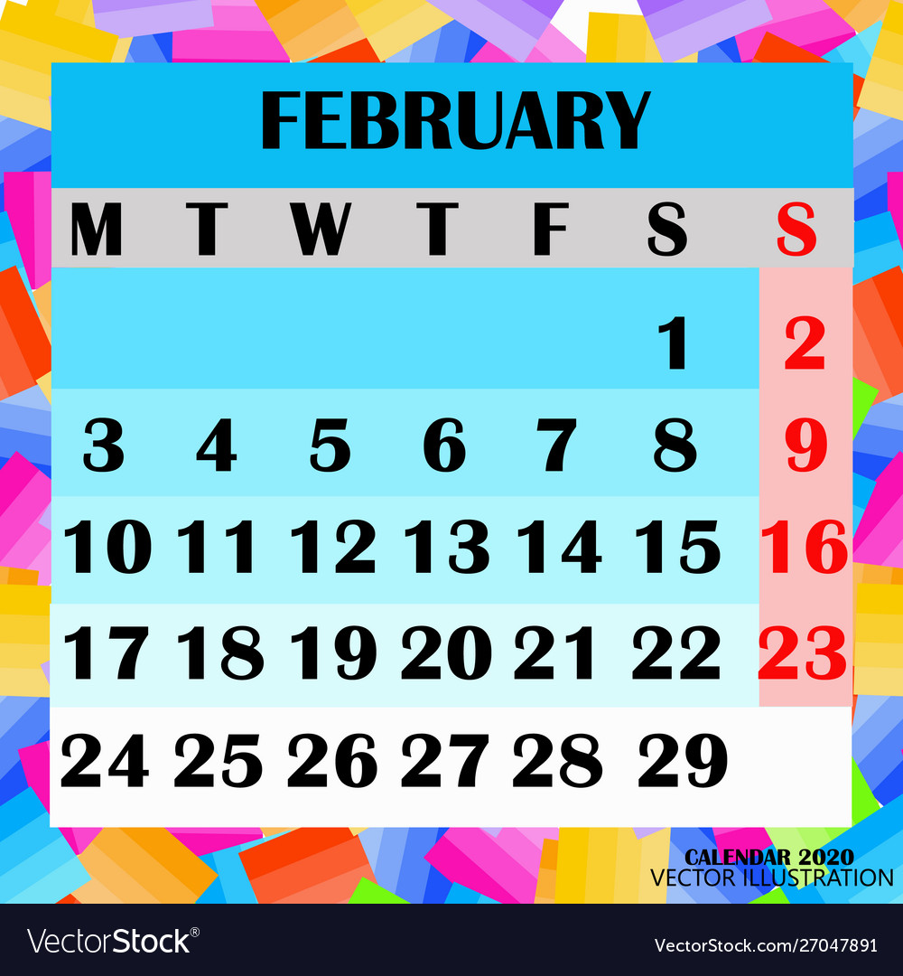 Calendar Design Month February 2020 Royalty Free Vector