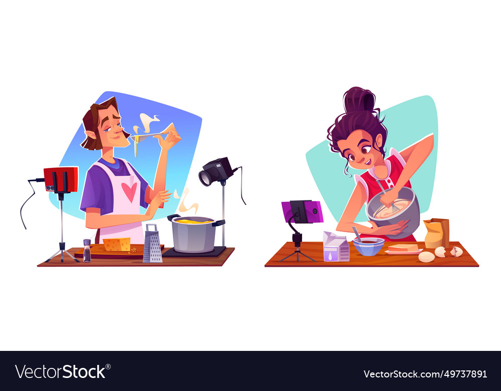 male-and-female-food-bloggers-cooking-on-camera-vector-image