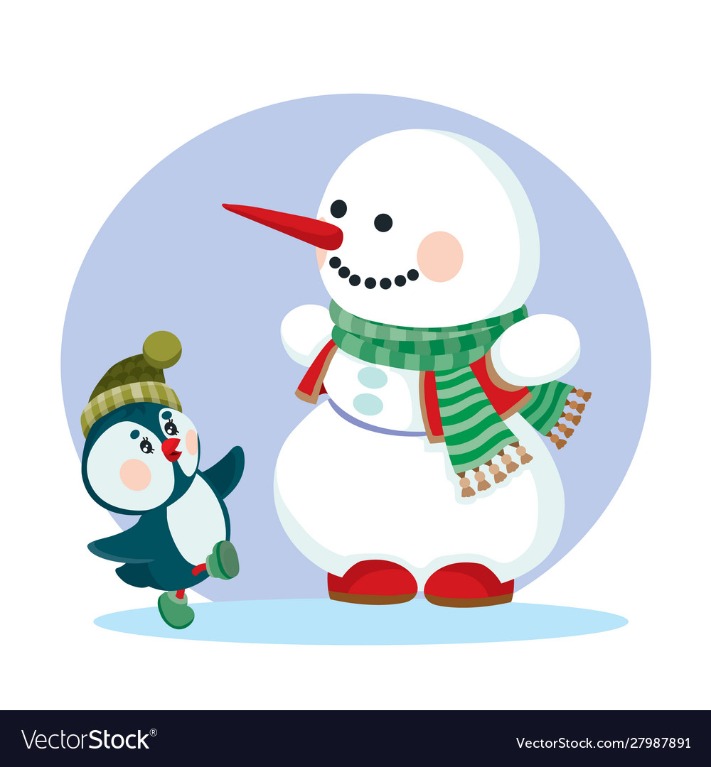 Snowman in a green scarf and little penguin