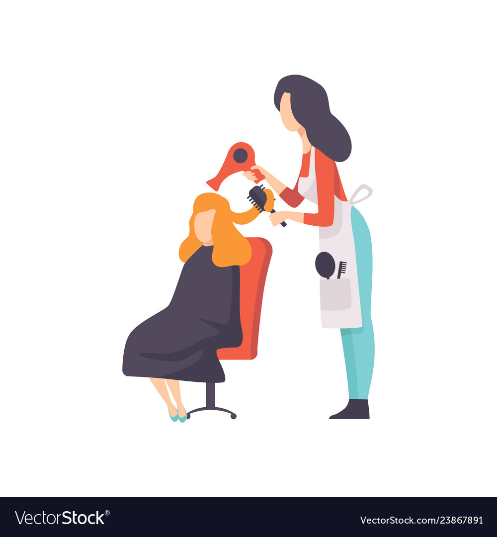 Woman hairdresser character drying hair of