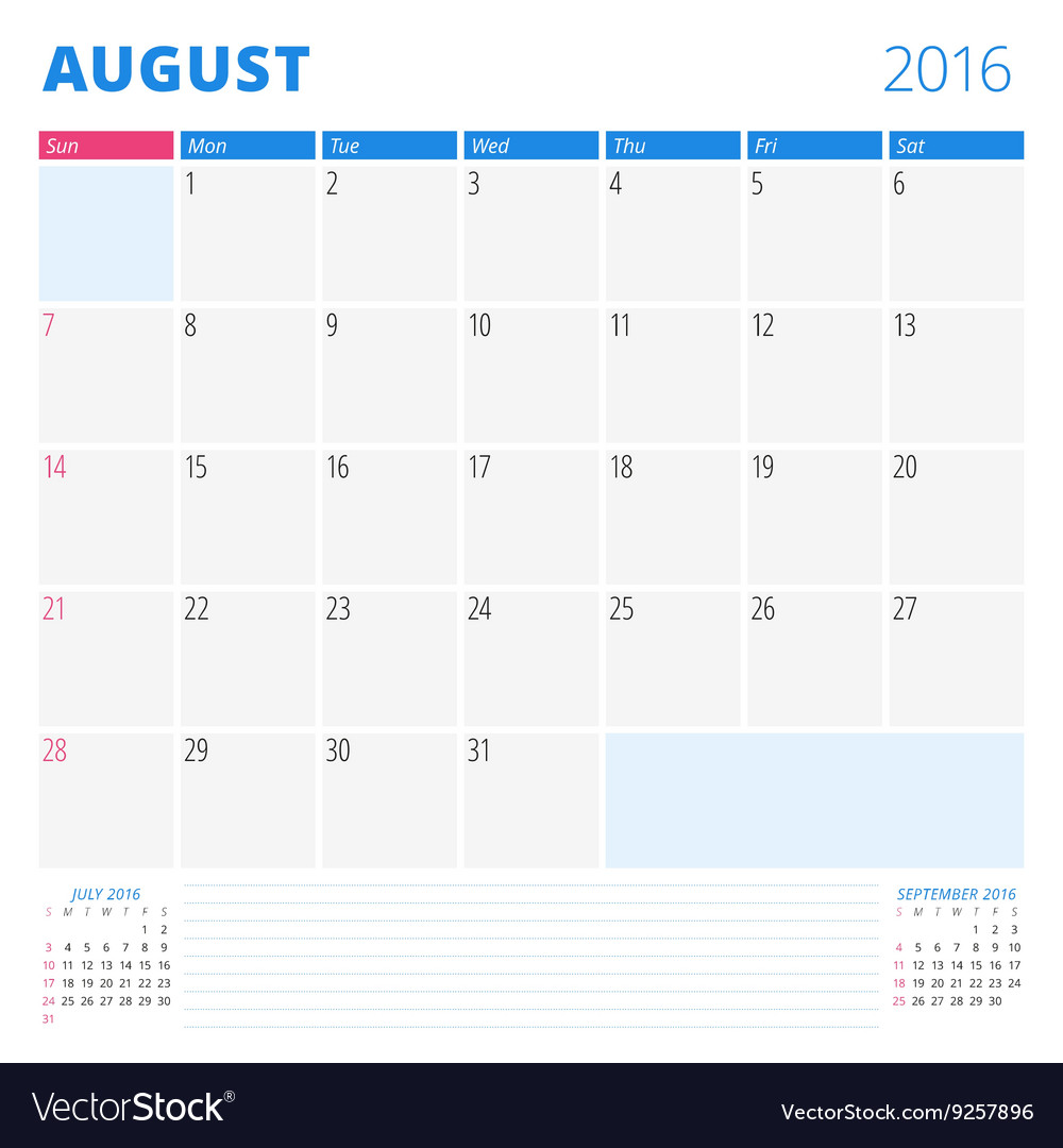 Calendar template for august 2016 week starts Vector Image