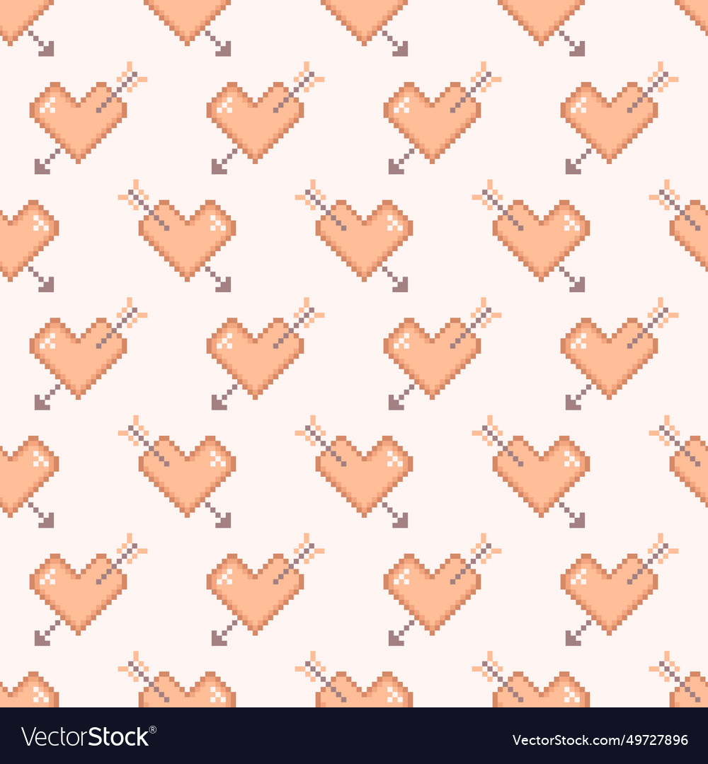 Pixel style hearts with arrow seamless pattern vector image Pixel style hearts with arrow seamless pattern