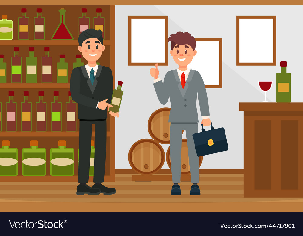 Cheerful man in suit selling alcoholic drinks vector image Cheerful man in suit selling alcoholic drinks