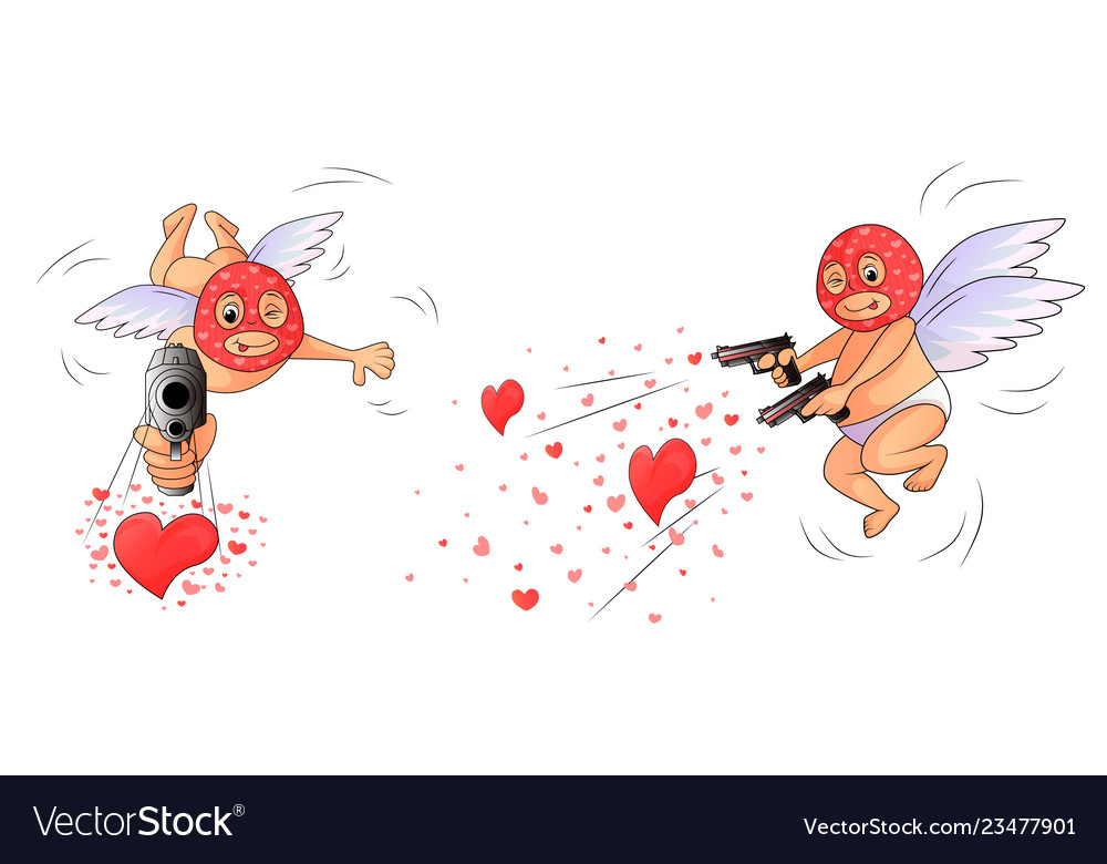Cupid in mask aims gun isolated white background vector image Cupid in mask aims gun isolated white background
