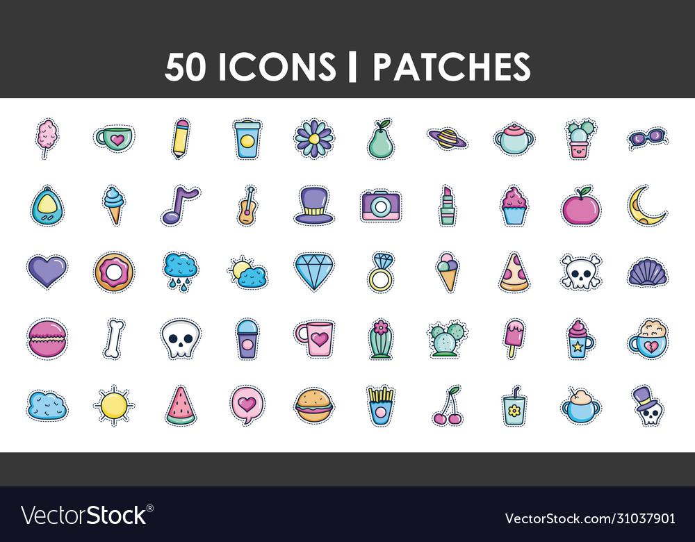 Cute patches icon set line color style
