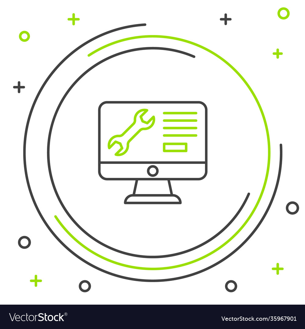 Line computer monitor with wrench icon isolated vector image Line computer monitor with wrench icon isolated