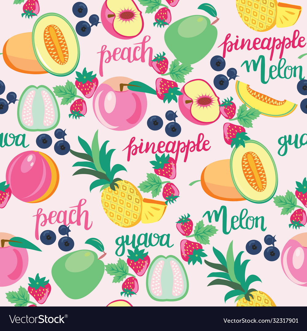 Pattern with fruits peach guava melon pineapple