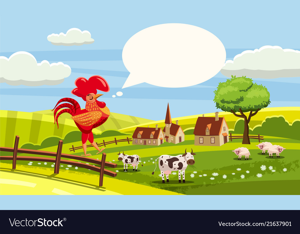 Rural cute farm view rooster cow sheep cock