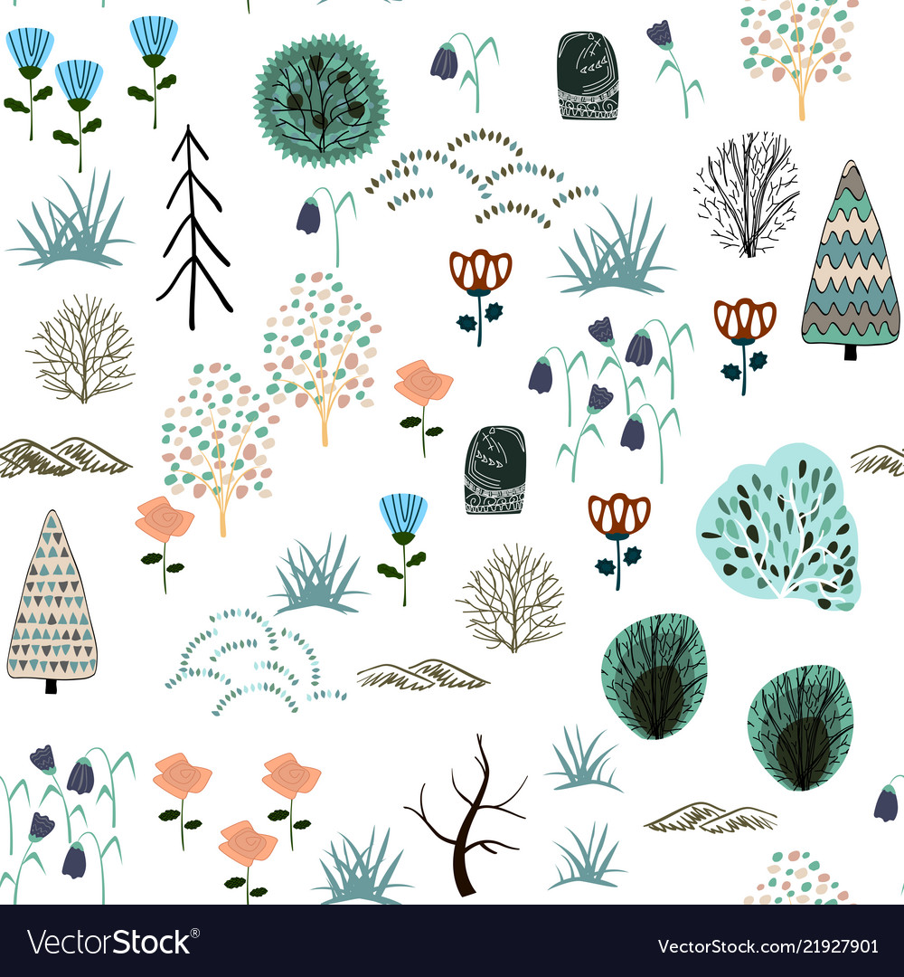 Seamless pattern with forest elements and hand vector image Seamless pattern with forest elements and hand
