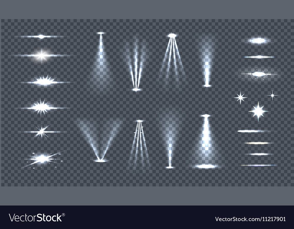 Set of bright lights on transparency glow flash