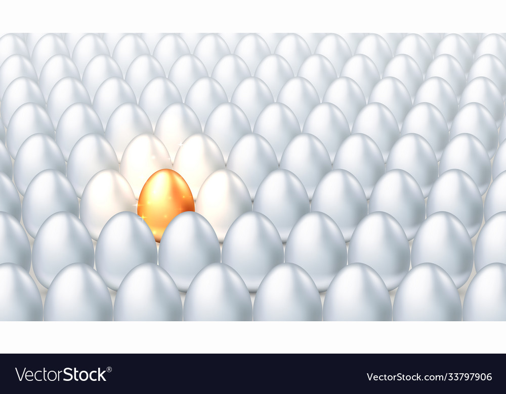 Unique golden egg in row of ordinary white eggs Vector Image