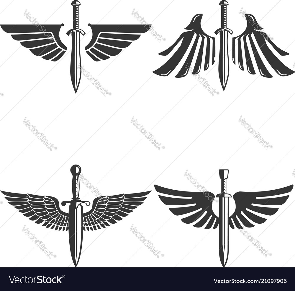 Set of emblems with medieval sword and wings Vector Image